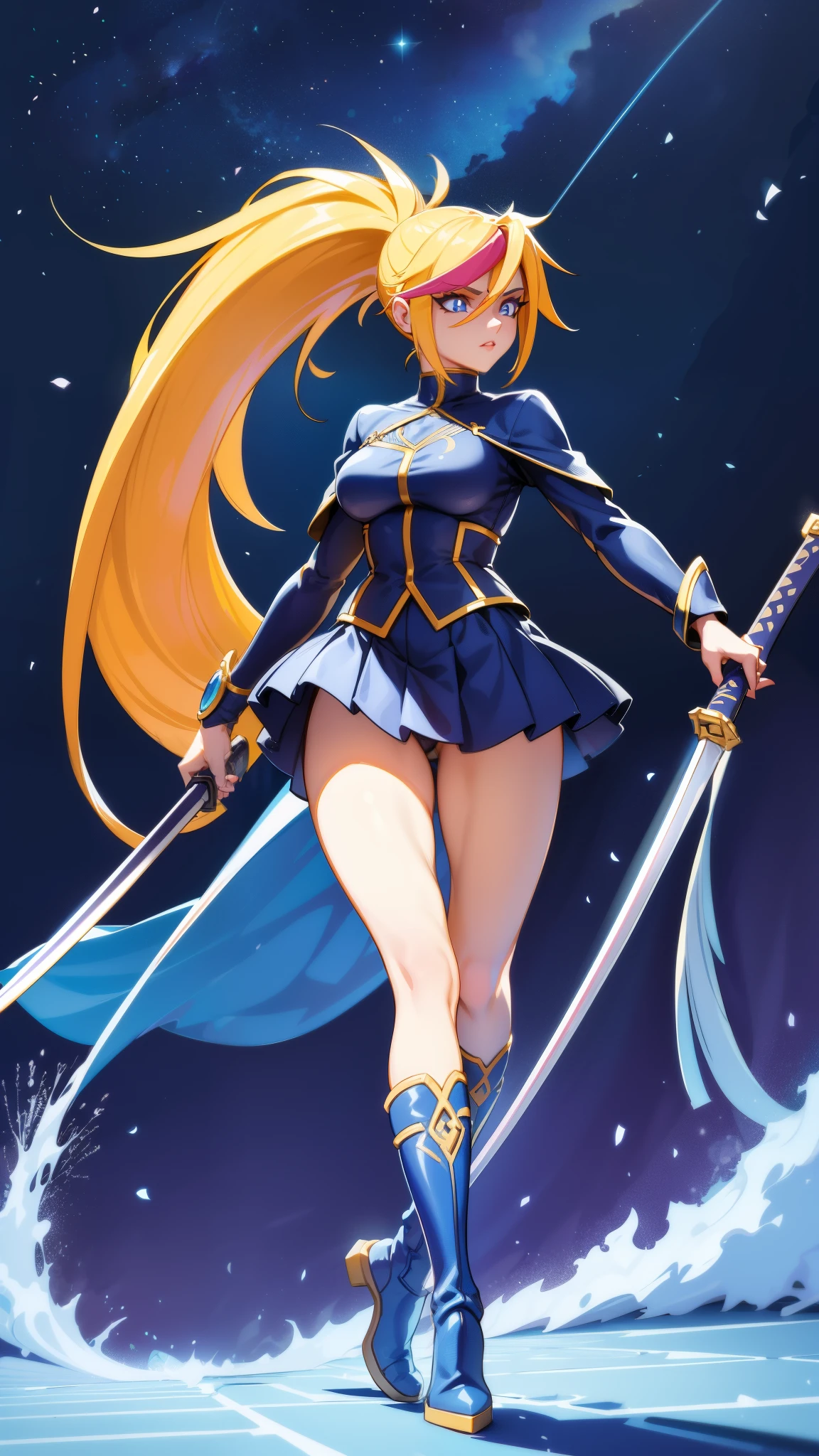 1 girl, ultra long hair, ultra detailed face, glowing lips, glowing blue eyes, very long ponytail, elegant walk, catwalk, holding down a giant katana, blonde, long eyelashes, long boots , looking to the sky, starry sky, a ultra giant katana