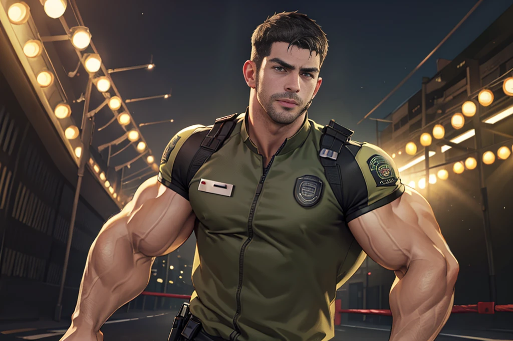 (Create a masterpiece: 1.2),(CGI art:1.3),(realistic:1.5),(After processing:1.3),(Sharp focus:1.3),1 man , straight, front ,Chris Redfield ,(black hair), smile, (Wear color olive green uniform with a Police badge: 1.2), olive green cargo, Korean guy , korean men, (High gloss details), chest muscles, large arm muscles, blood vessel, Big muscles, Broad shoulders, looking at the audience, Balancing the eyes, middle of the road,(Run and fight:1.6)