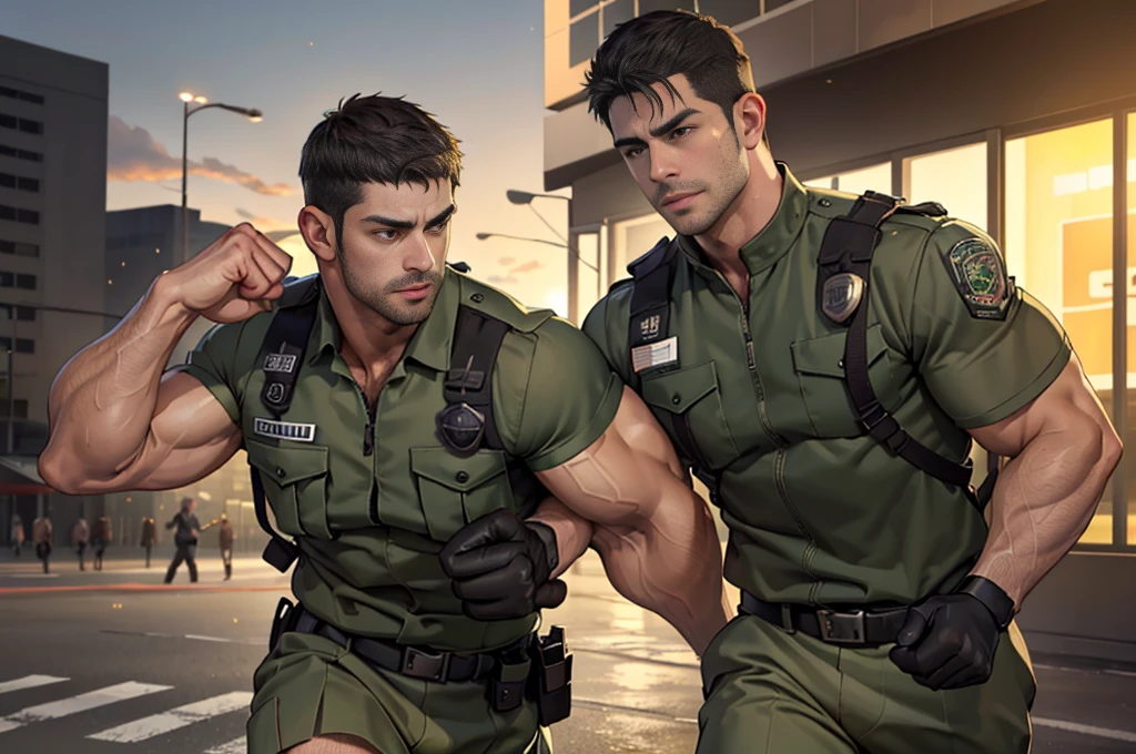 (Create a masterpiece: 1.2),(CGI art:1.3),(realistic:1.5),(After processing:1.3),(Sharp focus:1.3),1 man , straight, front ,Chris Redfield ,(black hair), smile, (Wear color olive green  uniform with a Police badge: 1.2), olive green cargo, Korean guy , korean men, (High gloss details), chest muscles, large arm muscles, blood vessel, Big muscles, Broad shoulders, looking at the audience, Balancing the eyes, middle of the road,(Run and fight:1.6)