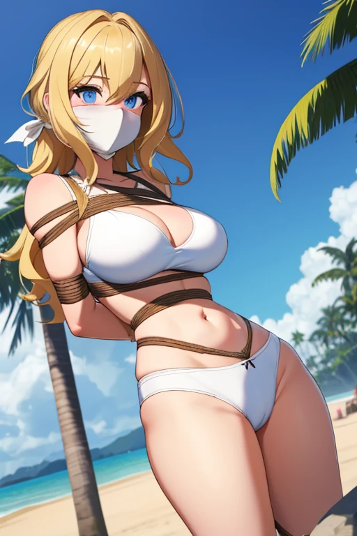 1 girl, detailed blue eyes, lange wimpern, detailed beautiful face, a Bit curly hair, (Long blonde hair:1.4), (arms behind back:1.6), gefesselte Arme, blushing, (Big boobs:1.1), White Bikini, White crop top, OTN, Gag, gagged, shibari, tied Gag, at a beach, hockend