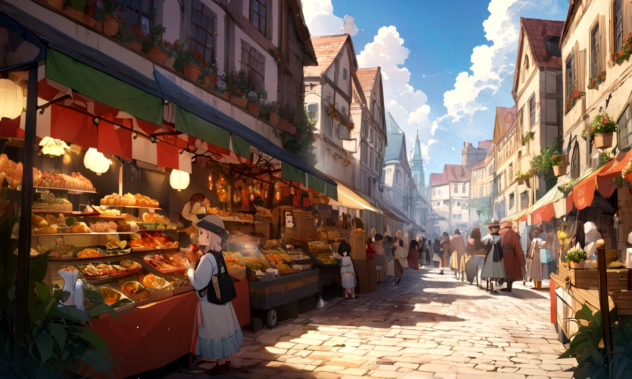 ((((masterpiece, Best Quality, High resolution)))), High detail, manga,anime,Illustrated style,Use of bright colors,Ghibli Studio「Howl's Moving Castle」The colors are like those used in daytime scenes., Medieval European fantasy worldview, There is no castle in the background, Fountain Square, Market Square during the day, Festival scene in the square, There is a beautiful fountain in the center、Sparkling water gushes out in the sunlight., Large space, Bustling food stalls,Lots of food stalls,There aren't many people,人の着ている服はGhibli Studioの魔女の宅急便のような雰囲気, RPG-like scenery, Colorful stalls selling delicious looking foods, The sky is bright blue、Fluffy white clouds floating, And the sun is shining brightly, Create a magical and cozy atmosphere, It's winter but the atmosphere is bright.