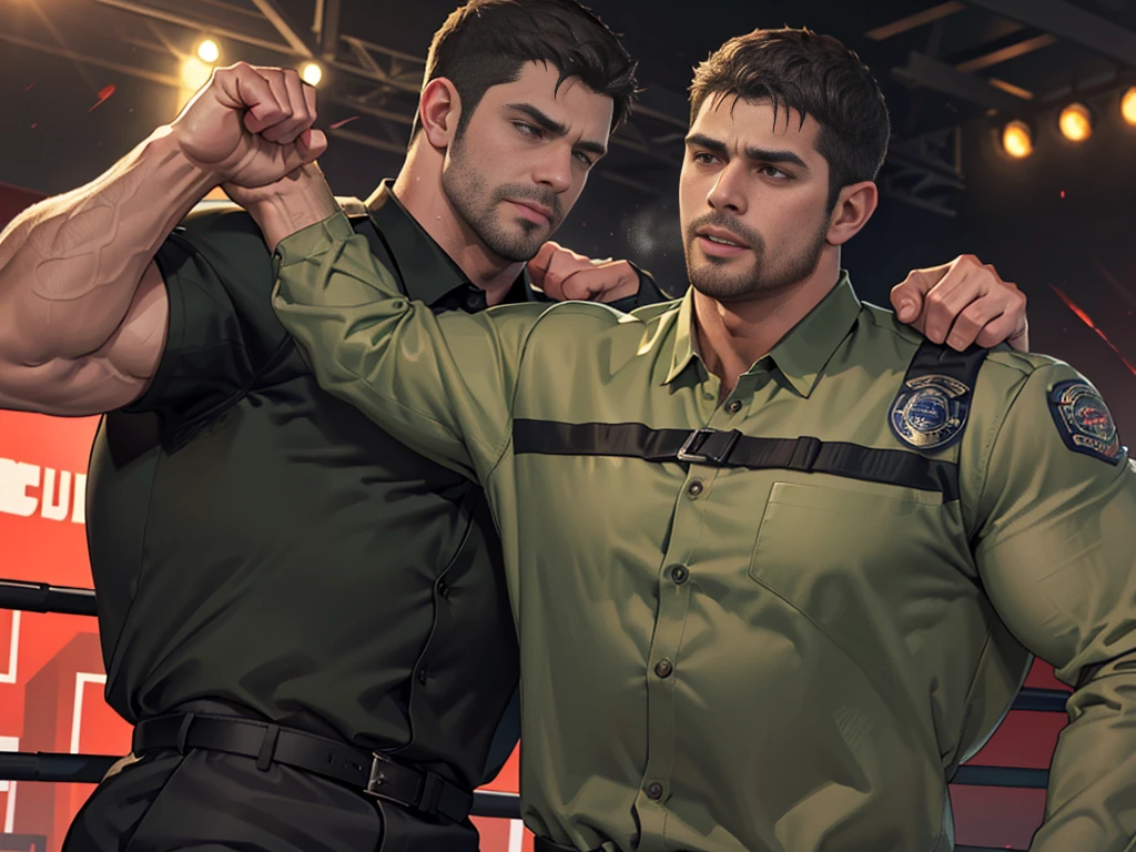 (Create a masterpiece: 1.2),(CGI art:1.3),(realistic:1.5),(After processing:1.3),(Sharp focus:1.3),1 man ,sunglass, straight, front ,Chris Redfield ,(black hair), smile open mouth, (Wear color olive green shirt with a Police badge: 1.2), olive green cargo, Korean guy , korean men, (High gloss details), chest muscles, large arm muscles, blood vessel, Big muscles, Broad shoulders, looking at the audience, Balancing the eyes, middle of the road,(Run and fight:1.6)
