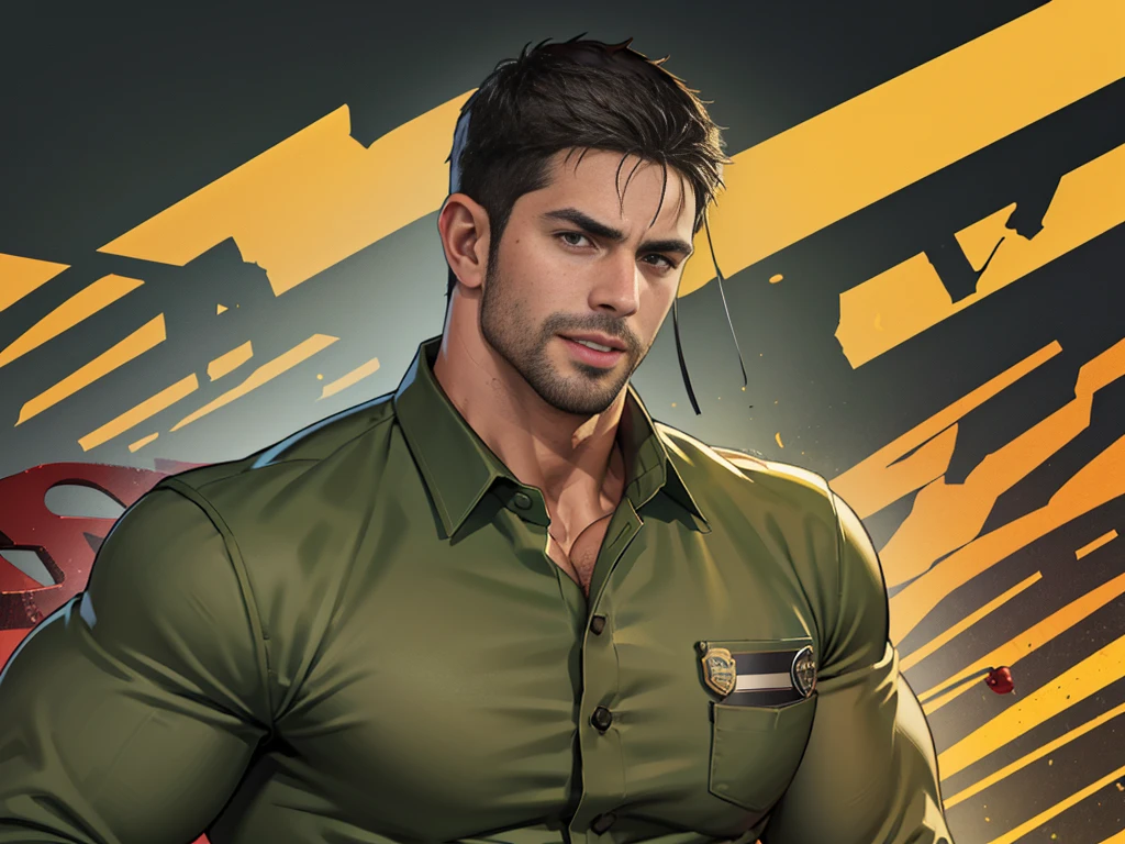 (Create a masterpiece: 1.2),(CGI art:1.3),(realistic:1.5),(After processing:1.3),(Sharp focus:1.3),1 man ,sunglass, straight, front ,Chris Redfield ,(black hair), smile open mouth, (Wear color olive green shirt with a Police badge: 1.2), olive green cargo, Korean guy , korean men, (High gloss details), chest muscles, large arm muscles, blood vessel, Big muscles, Broad shoulders, looking at the audience, Balancing the eyes, middle of the road,(Run and fight:1.6)