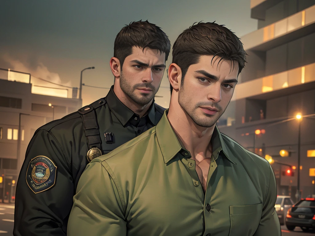 (Create a masterpiece: 1.2),(CGI art:1.3),(realistic:1.5),(After processing:1.3),(Sharp focus:1.3),1 man ,sunglass, straight, front ,Chris Redfield ,(black hair), smile open mouth, (Wear color olive green shirt with a Police badge: 1.2), olive green cargo, Korean guy , korean men, (High gloss details), chest muscles, large arm muscles, blood vessel, Big muscles, Broad shoulders, looking at the audience, Balancing the eyes, middle of the road,(Run and fight:1.6)