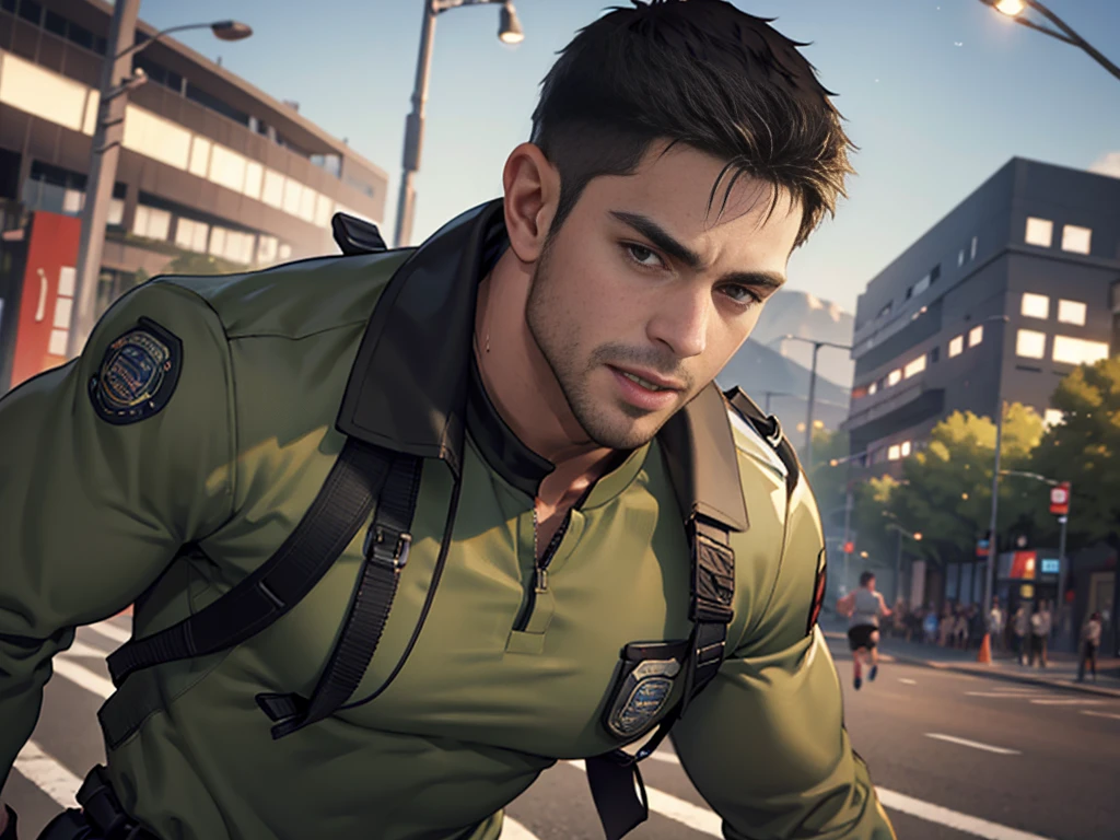 (Create a masterpiece: 1.2),(CGI art:1.3),(realistic:1.5),(After processing:1.3),(Sharp focus:1.3),1 man ,sunglass, straight, front ,Chris Redfield ,(black hair), smile open mouth, (Wear color olive green shirt with a Police badge: 1.2), olive green cargo, Korean guy , korean men, (High gloss details), chest muscles, large arm muscles, blood vessel, Big muscles, Broad shoulders, looking at the audience, Balancing the eyes, middle of the road,(Run and fight:1.6)