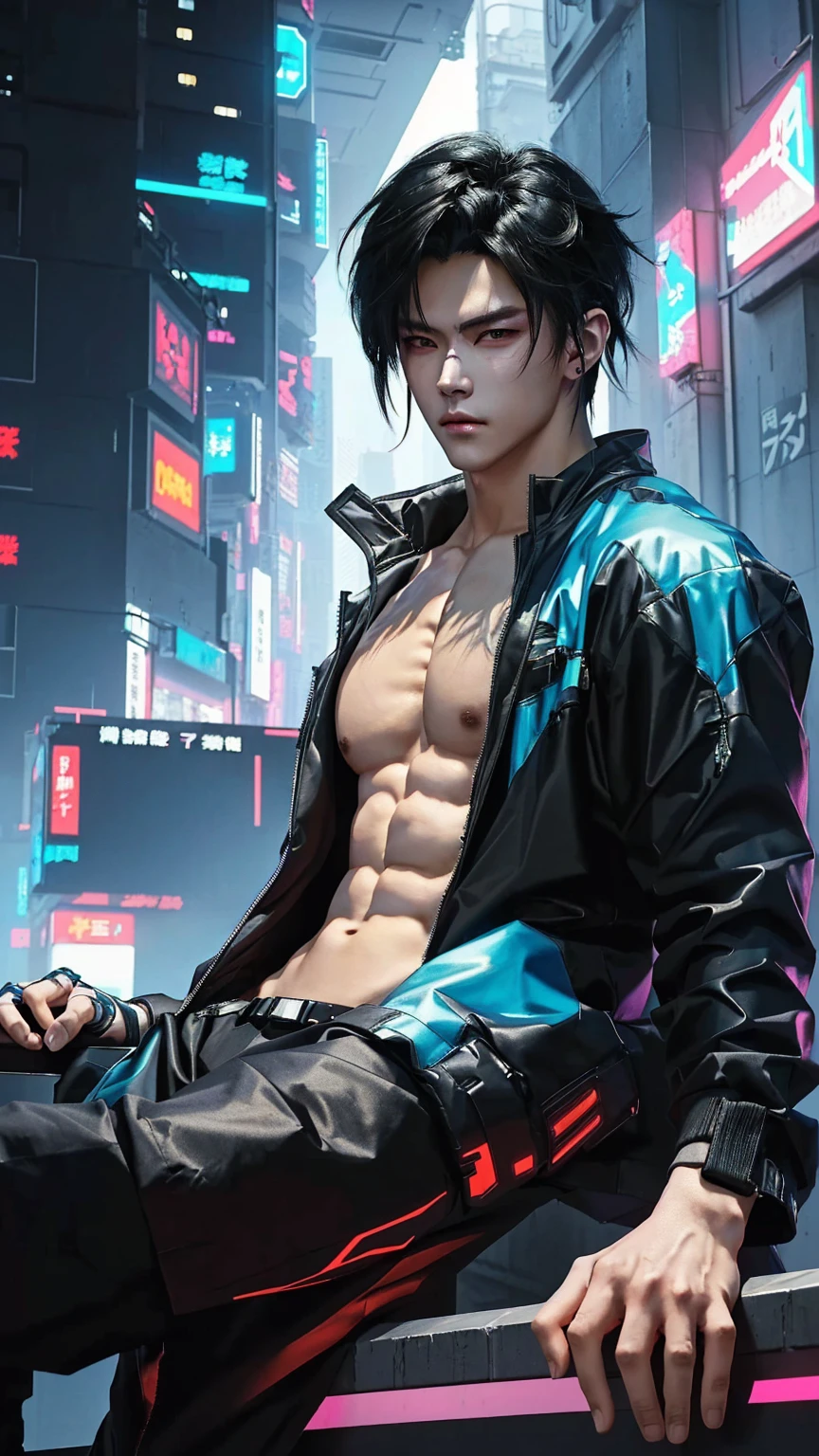 guy with a shirtless torso sitting on a ledge in a city, digital cyberpunk anime art, digital cyberpunk - cyberpunk art, cyberpunk art, artwork in the style of guweiz, ross tran style, modern cyberpunk anime, muscular! cyberpunk, inspired by Yanjun Cheng, handsome pose, oppai cyberpunk, cyberpunk art style,big muscle breasts, marvelous muscle , big chest