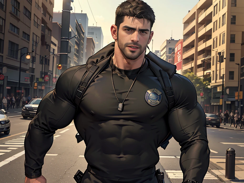 (Create a masterpiece: 1.2),(CGI art:1.3),(realistic:1.5),(After processing:1.3),(Sharp focus:1.3),1 man ,sunglass, straight, front ,Chris Redfield ,(black hair), smile open mouth, (Wear color olive green round neck T-shirt with a Police badge: 1.2), olive green cargo, Korean guy , korean men, (High gloss details), chest muscles, large arm muscles, blood vessel, Big muscles, Broad shoulders, looking at the audience, Balancing the eyes, middle of the road , (Carrying a black backpack: 1.3),(Run and fight:1.6)