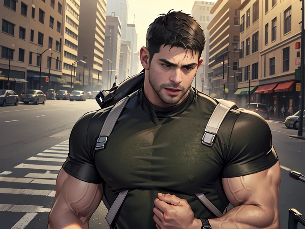 (Create a masterpiece: 1.2),(CGI art:1.3),(realistic:1.5),(After processing:1.3),(Sharp focus:1.3),1 man ,sunglass, straight, front ,Chris Redfield ,(black hair), smile open mouth, (Wear color olive green round neck T-shirt with a Police badge: 1.2), olive green cargo, Korean guy , korean men, (High gloss details), chest muscles, large arm muscles, blood vessel, Big muscles, Broad shoulders, looking at the audience, Balancing the eyes, middle of the road , (Carrying a black backpack: 1.3),(Run and fight:1.6)