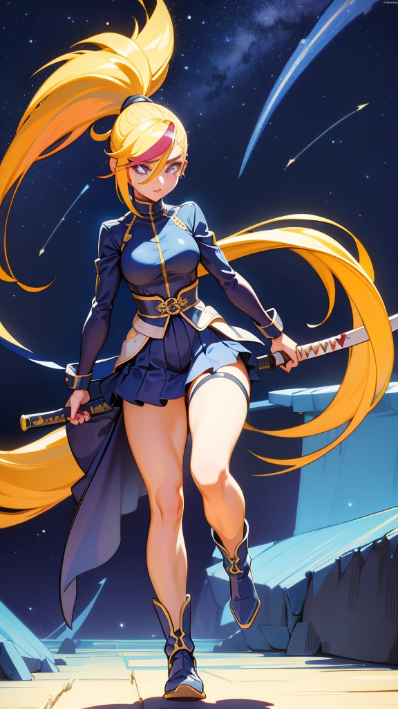 1 girl, ultra long hair, ultra detailed face, glowing lips, glowing blue eyes, very long ponytail, elegant walk, catwalk, holding down a  giant katana, blonde, long eyelashes, long boots , looking to the sky, starry sky, a ultra giant katana 