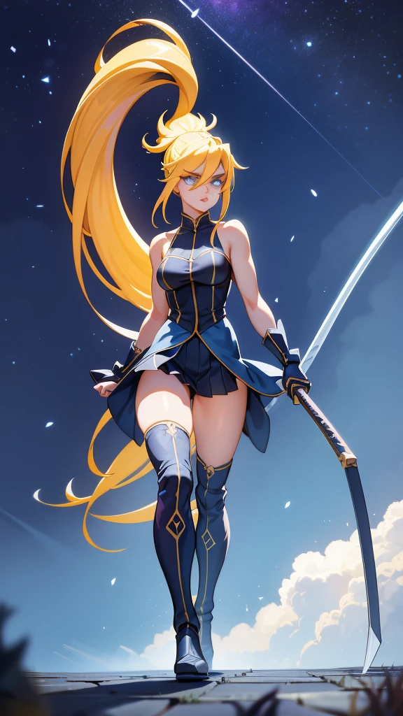 1 girl, ultra long hair, ultra detailed face, glowing lips, glowing blue eyes, very long ponytail, elegant walk, catwalk, holding down a giant katana, blonde, long eyelashes, long boots , looking to the sky, starry sky, a ultra giant katana