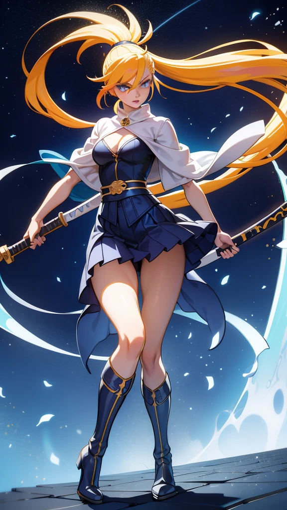 1 girl, ultra long hair, ultra detailed face, glowing lips, glowing blue eyes, very long ponytail, elegant walk, catwalk, holding down a giant katana, blonde, long eyelashes, long boots , looking to the sky, starry sky, a ultra giant katana
