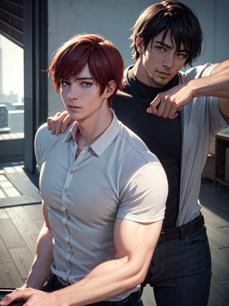a 40 year old man (red short hair:1.0), grey eyes, moles all over the face, wearing an official uniform, masculinity, teacher, medic, (best quality,4k,8k,highres,masterpiece:1.2),ultra-detailed,(realistic,photorealistic,photo-realistic:1.37),cinematic lighting,highly detailed face and body,sharp focus,vivid colors,anime style