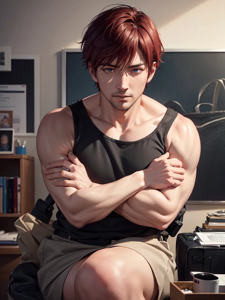 a 40 year old man (red short hair:1.0), grey eyes, moles all over the face, wearing an official uniform, masculinity, teacher, medic, (best quality,4k,8k,highres,masterpiece:1.2),ultra-detailed,(realistic,photorealistic,photo-realistic:1.37),cinematic lighting,highly detailed face and body,sharp focus,vivid colors,anime style