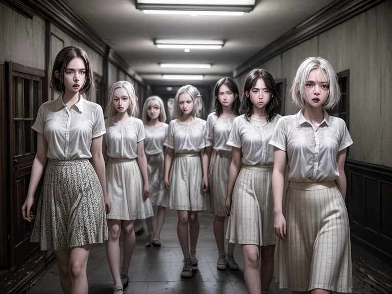 gritty photo ,double exposure, of 6 young brunette women ghosts, messy bob hairstyles, pale white skins, furrowed eyebrows, grey eyes, tight mouth, wearing dull white shirt , patterned skirt , walking down a hall in dark room, horror atmosphere,