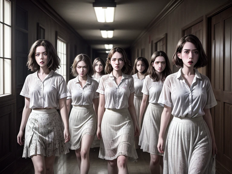 gritty photo ,double exposure, of 6 young brunette women ghosts, messy bob hairstyles, pale white skins, furrowed eyebrows, grey eyes, tight mouth, wearing dull white shirt , patterned skirt , walking down a hall in dark room, horror atmosphere,