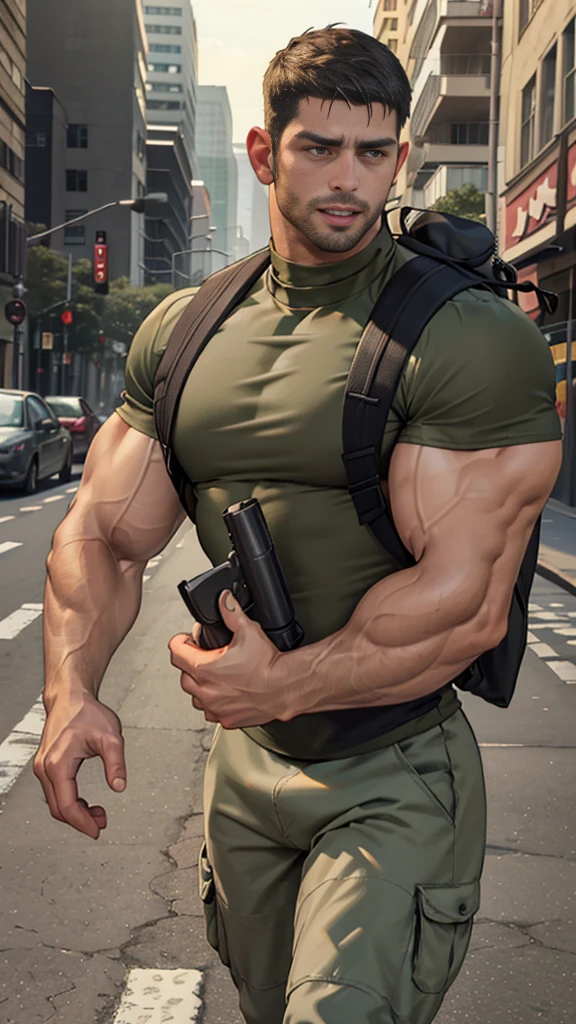 (Create a masterpiece: 1.2),(CGI art:1.3),(realistic:1.5),(After processing:1.3),(Sharp focus:1.3), man holding a gun , (gun:1.5) , straight, front ,Chris Redfield ,(black hair), smile open mouth, (Wear color olive green round neck T-shirt: 1.5), (with a Police badge: 1.2), olive green cargo, Korean guy , korean men, (High gloss details), chest muscles, large arm muscles, blood vessel, Big muscles, Broad shoulders, looking at the audience, Balancing the eyes, middle of the road , (Carrying a black backpack: 1.3) ,walk to camera ,(Run and fight:1.6)