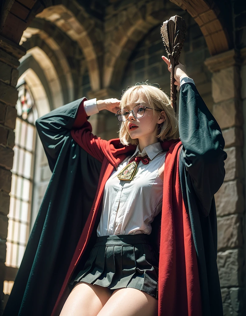 score_9, score_8_up, score_7_up, score_6_up, score_5_up, score_4_up, (8k, hd, best quality, highres), (extremely detailed), (ultra hyperrealistic photo: 1.2), ((Hogwarts wizard)), beautiful girl delicate features exuberantly youthful, messy short hair and thick bangs, large round glasses, ((wearing Hogwarts Gryffindor house student outfit)), (long open coat, hood, miniskirt, clothes in Gryffindor house colors, transparent white blouse with open neckline, thick wool high socks)), beautiful, charming, seductive, small spots of freckles, sweat on the skin, (open mouth, pink lipstick), (long muscular, sweaty thighs with delicate freckles on the thighs), hot, real skin with sweat, damp sweaty body, green eyes, (Hogwarts Castle: 1.3), on a dark staircase at night, dark staircase, without windows, gloomy, gloomy, leaning against the stone wall, arms up, hand above the head stretched body