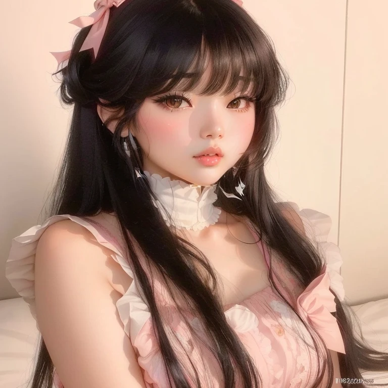 a close up of a pout woman with long hair wearing a pink bow, ulzzang, korean girl, neat hair with bangs, beautiful south korean woman, she has black hair with bangs, long hair with bangs, sakimichan, with bangs, long hair with full bangs, lalisa manobal, long straight bangs, beautiful young korean woman