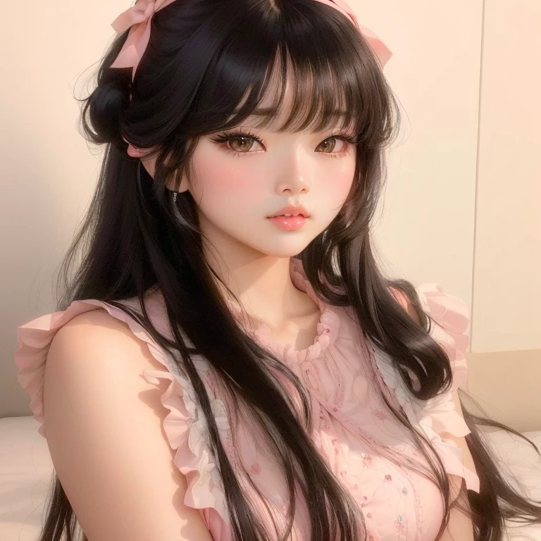 a close up of a pout woman with long hair wearing a pink bow, ulzzang, korean girl, neat hair with bangs, beautiful south korean woman, she has black hair with bangs, long hair with bangs, sakimichan, with bangs, long hair with full bangs, lalisa manobal, long straight bangs, beautiful young korean woman