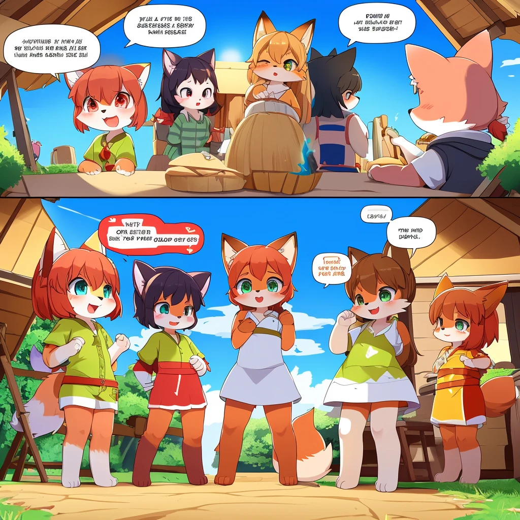 top quality, best quality, highres, masterpiece, super high resolution, detailed background, camp, 6+boys, 6+girls, absurdres(highly detailed beautiful face and eyes)perfect anatomy, good lighting, cinematic shadow(kemono, furry anthro)assorted expressions, assorted poses, assorted angles, full body, upper shot, dynamic angle,(girls comic-like panel layouts, speech balloon, English text, Hand-drawn sound effects stickers used in girls comic), Magic, Dogs, Cats, Foxes, Wolves, Toddlers, Very Very Cute Comic