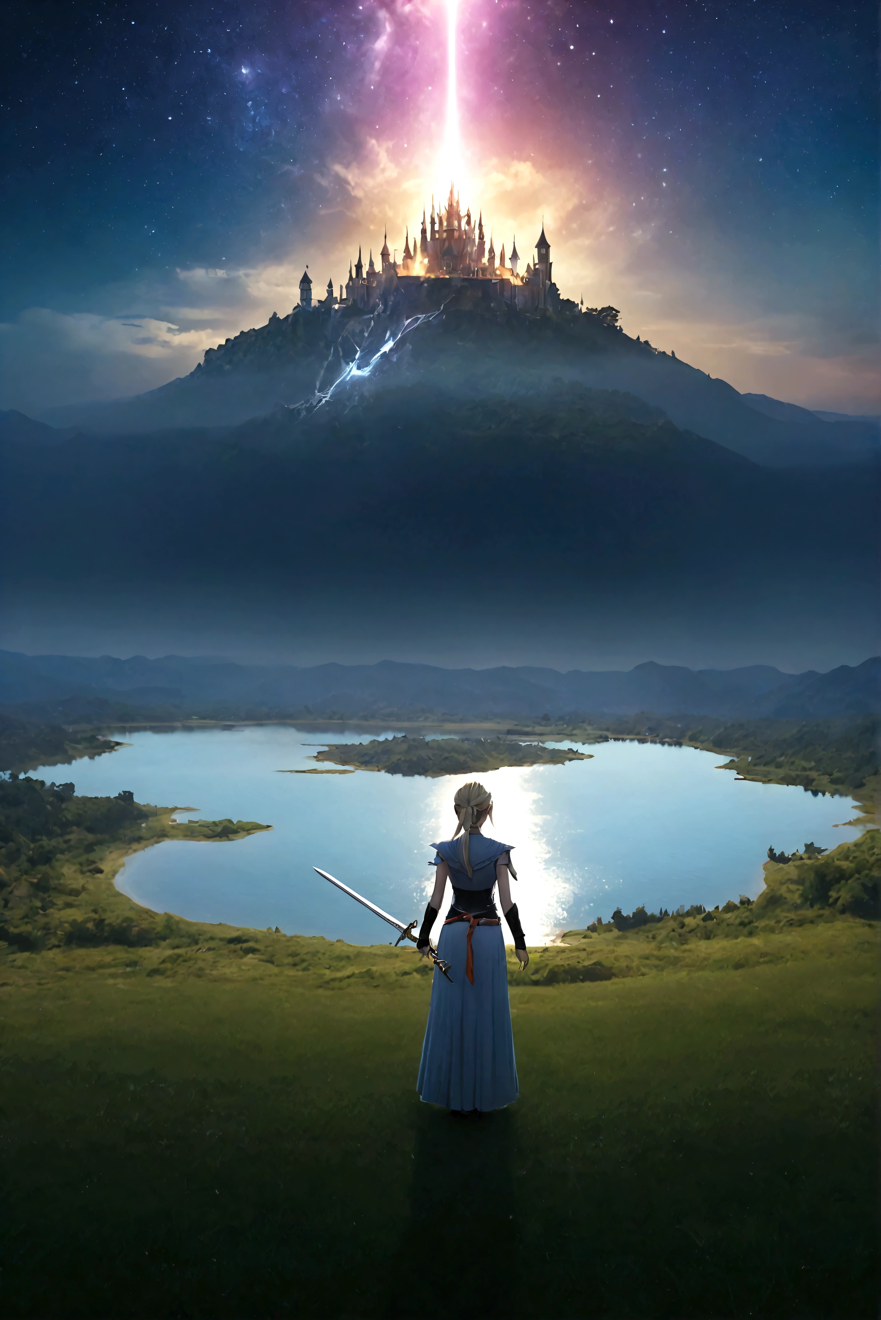 (8k, highest quality, masterpiece, final fantasy style: 1.2), (unRealistic, photoRealistic: 1.37), (one mage lady standing on lake side, huge bouncing bust, with sword with fire, Her sword shines into the heavens:1.1), Dreamy landscape, Fantasy, Unsurreal landscapes, Super detailed, Flying medieval castle, Floating Island in the Sky, Seven-colored swirl of light, (流星のMr.に空を舞う光り輝く尾の長い小鳥:1.3), Aurora, Intense lightning, milky way, Complex Light, Mr.々Colored light, Large Lake, Starry sky reflected on the lake surface, Countless shining stars, Meteors, Many meteors, Aura of, (A pillar of light emanated from the ground:1,2), 複雑な文Mr.の魔法陣,