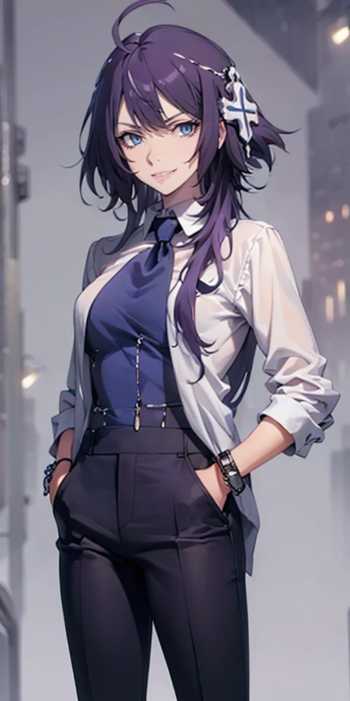 MC, ahoge, (long hari, purple hair:1.3), hair ornament, dark-blue eyes, anatomically correct, heavy breathing, mature female, anatomically correct, best quality, masterpiece, high quality, high details, highres, HD, 1girl, solo, jewelry, necktie, pants, grey background, grin, bracelet, formal, (bokeh:1.3), hands in pockets, hollow eyes, bright pupils, dark-blue eyes, looking at viewer. glowing eyes heavy breathing, smirk, upper teeth, lips,