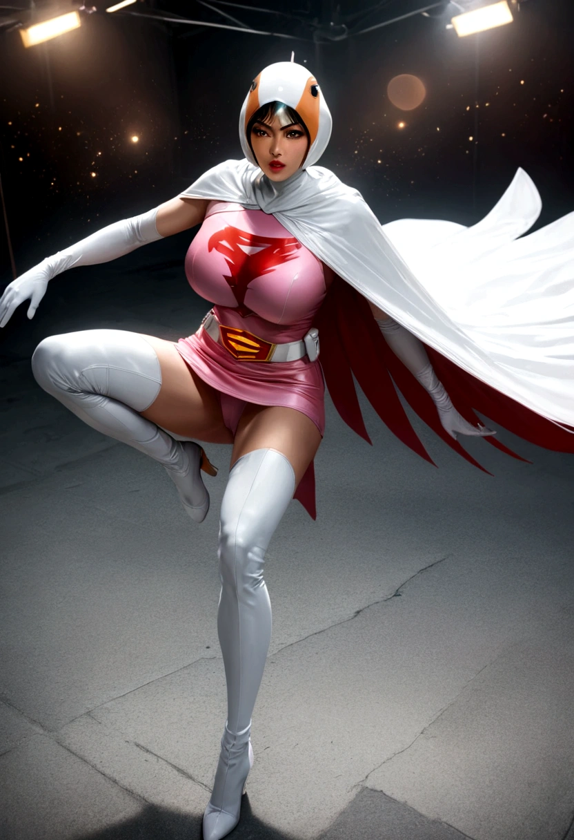 A girl in Gatchaman costume, long boots, long gloves, kicking enemies, detailed face, H3JTS, giga_busty, best quality, 4k, 8k, highres, masterpiece:1.2, ultra-detailed, realistic, photorealistic, photo-realistic:1.37, HDR, UHD, studio lighting, ultra-fine painting, sharp focus, physically-based rendering, extreme detail description, professional, vivid colors, bokeh, concept art