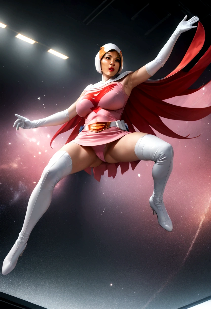 A girl in Gatchaman costume, long boots, long gloves, kicking enemies, detailed face, H3JTS, giga_busty, best quality, 4k, 8k, highres, masterpiece:1.2, ultra-detailed, realistic, photorealistic, photo-realistic:1.37, HDR, UHD, studio lighting, ultra-fine painting, sharp focus, physically-based rendering, extreme detail description, professional, vivid colors, bokeh, concept art