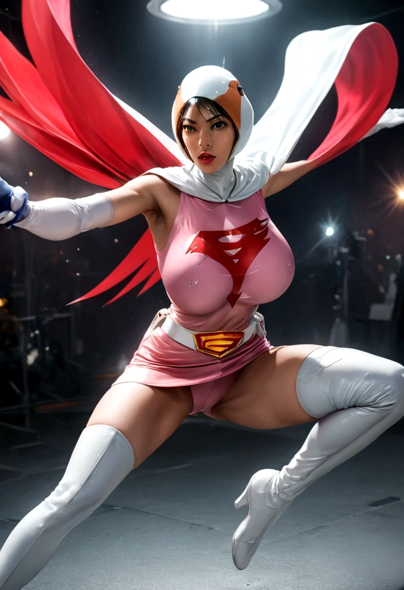 A girl in Gatchaman costume, long boots, long gloves, kicking enemies, detailed face, H3JTS, giga_busty, best quality, 4k, 8k, highres, masterpiece:1.2, ultra-detailed, realistic, photorealistic, photo-realistic:1.37, HDR, UHD, studio lighting, ultra-fine painting, sharp focus, physically-based rendering, extreme detail description, professional, vivid colors, bokeh, concept art