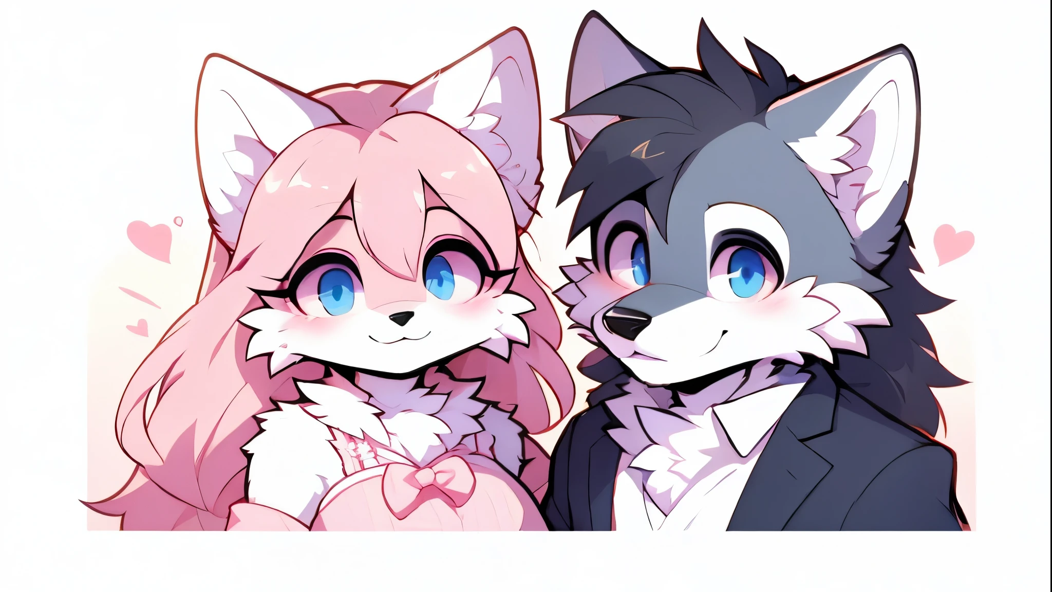 wolf boy and girl white fluffy long hair beautiful brother and sister pink ribbon in hair wolf tail A good friend playing highest quality Highest image quality Delicate
