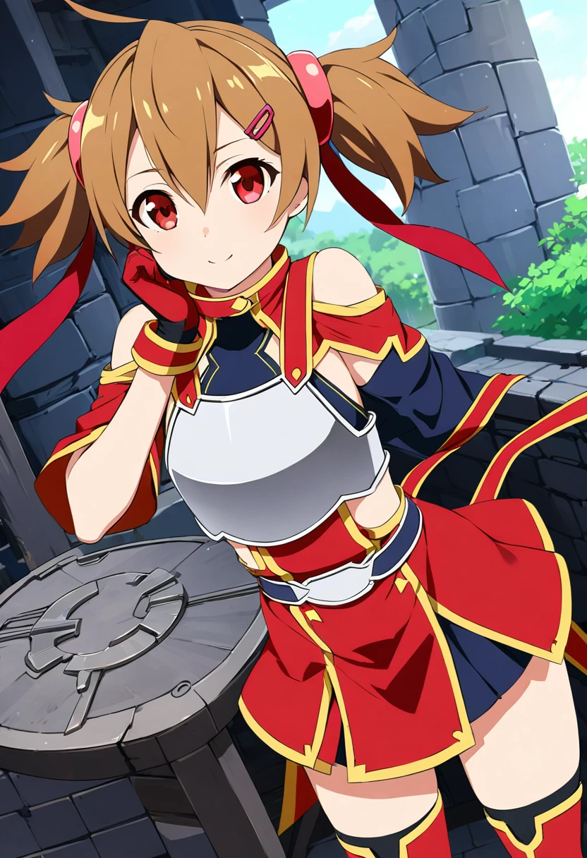 highest quality、unity 8k wallpaper、32k、masterpiece、Very detailed、Ultra-high resolution、　Magical Tamer Silica、Silica(sao)、Shoulder rest、Silver Breastplate、Pleated skirt、Gloves)、Silver Gauntlet、Thigh-high stiletto boots、A large ribbon with a large brooch on the chest、Hair Clip、Hair Ribbon、Outside the forge