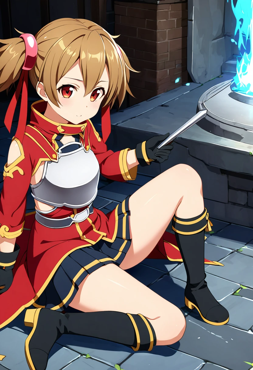 highest quality、unity 8k wallpaper、32k、masterpiece、Very detailed、Ultra-high resolution、 Magical Tamer Silica、Silica(sao)、Shoulder rest、Silver Breastplate、Pleated skirt、Gloves)、Silver Gauntlet、Thigh-high stiletto boots、A large ribbon with a large brooch on the chest、Hair Clip、Hair Ribbon、Outside the forge