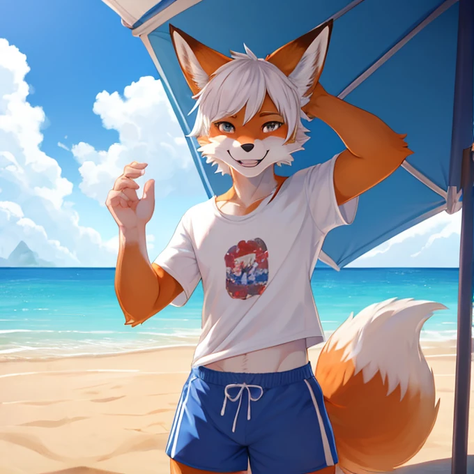 Adult Solo，beast fox，Short white hair，shorts，shirt，giggle，beachwear，Extreme details，masterpiece，Empty，High Detail，delicate eyes，Detailed hands，Full body pictures