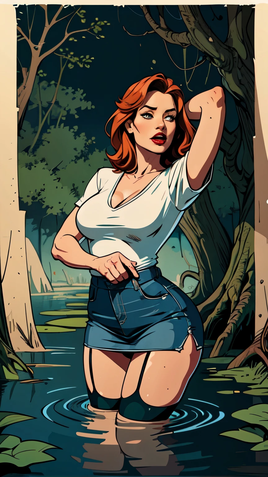 (poster vector:1.2), Mature amateur Woman,wrinkles,jeans skirt,stockings with garters, ( drowning in a swamp:1.2),posing, red lips, memorable composition, attraction-grabbing, conceptual
