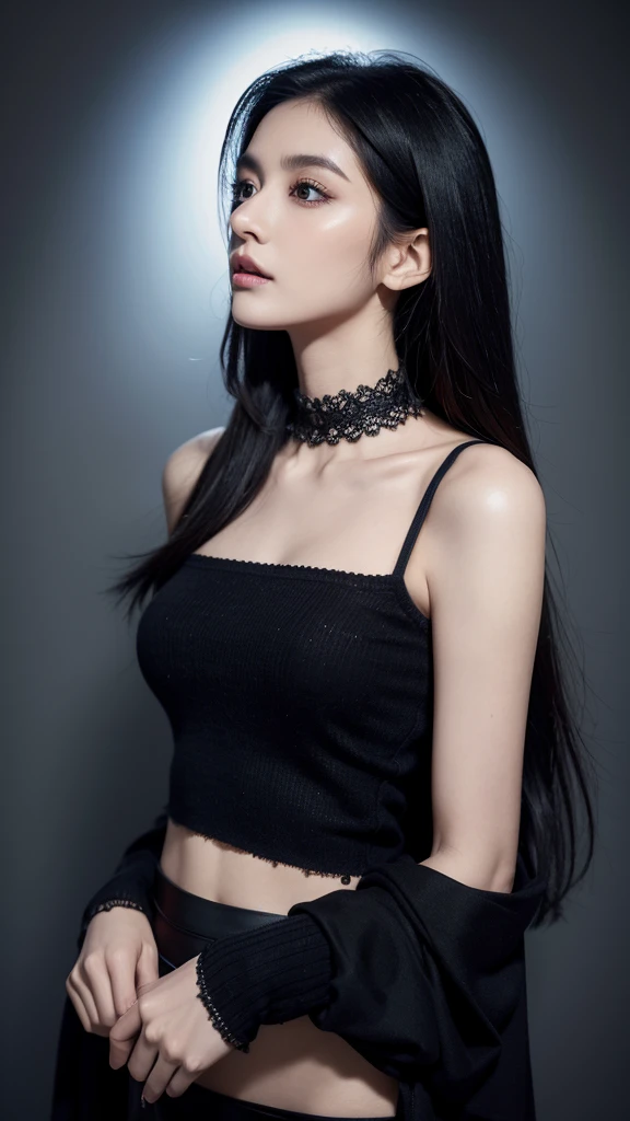 accessories,Gothic style,Quiet,Light makeup,Sexy,Peerless Beauty,Intellectual,clavicle,Neat long hair,Black Hair,Delicate face,Exquisite facial features,Sexy blue striped sweater,Full breasts,Navel,Navel,Stand Up Straight。