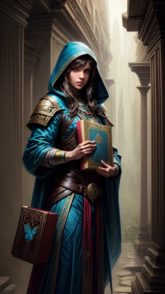 Speed painting of portrait of a fantasy female brunette human adventurer, with a blue hood, in a temple, D&D character, holding a large magic book with butterfly on the book cover.