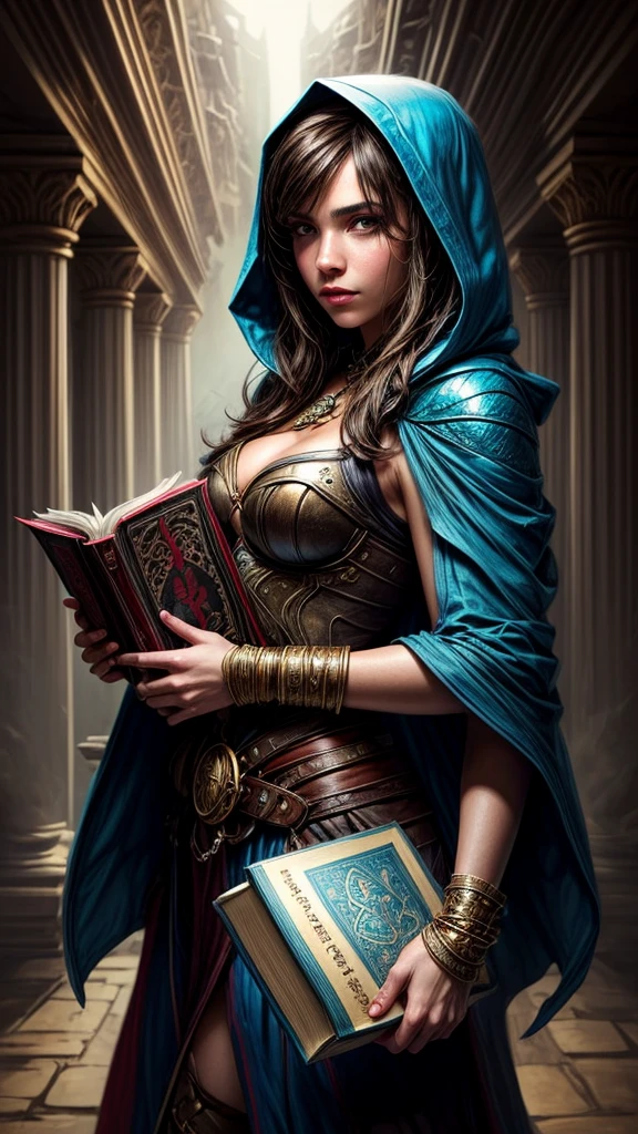 Speed painting of portrait of a fantasy female brunette human adventurer, with a blue hood, in a temple, D&D character, holding a large magic book with butterfly on the book cover.