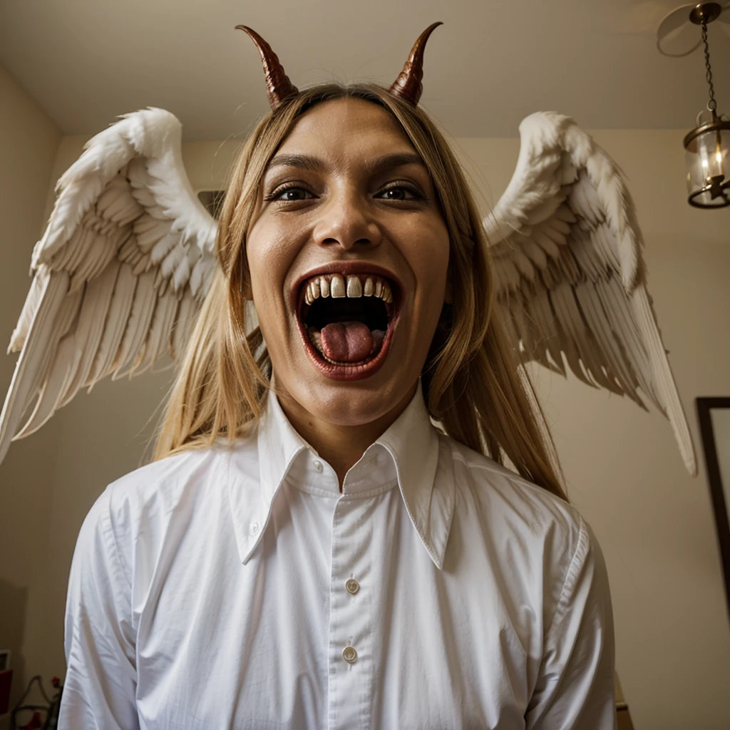 tall and light demon scary face, terrifying, in a day, angelic devil, smiling 