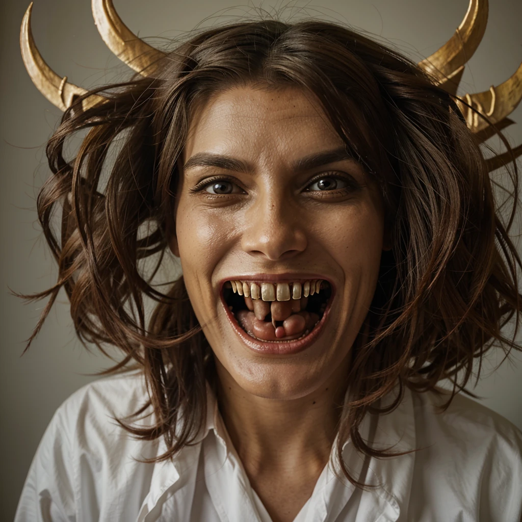 tall and light demon scary face, terrifying, in a day, angelic devil, smiling 