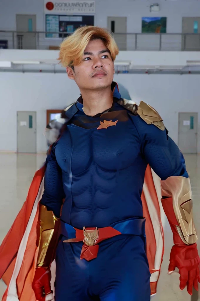 Homelander's costume heavily features American patriotic symbols, such as the stars and stripes, which underline his public persona as a hero embodying American values.
Color Scheme: The red, white, and blue color scheme is prominent, enhancing his image as the quintessential American superhero.
Armor-like Elements: His suit is designed to look almost like armor, suggesting strength and invulnerability, reflecting his superhuman abilities.
Cape and Eagle Motif: He sports a cape, often associated with traditional superheroes, and an eagle emblem on his shoulder, further reinforcing the American theme.
