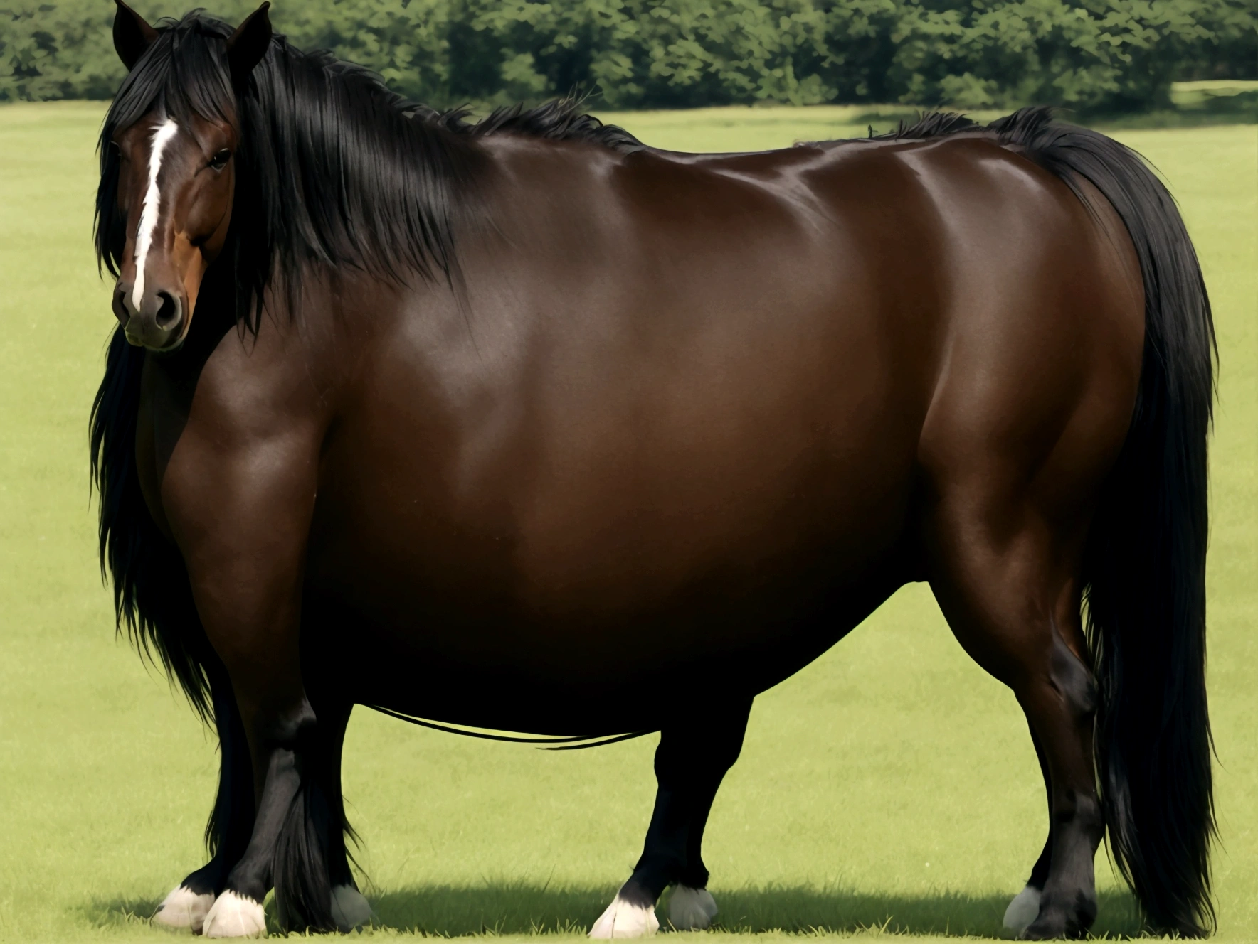 side view of a Big fat shire horse stallion emitting jet of light green from bum , in a grass field. being ridden by a nude BBW very full figured dark skinned nude African woman