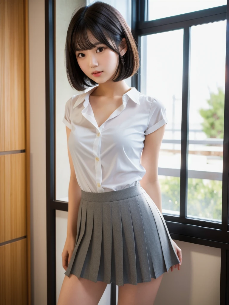 (8k, Photorealistic, Raw photo, Highest quality: 1.4),Japanese idol-style beautiful girl,1 person,s old,Hairstyle(Short Bob,Black),She has her hair tucked behind her ears,Large, clear grey eyes,Long eyelashes,Plump Cheeks,Slim and delicate shoulders and abdomen,Open shirt,Pleated skirt,School classroom,Full body portrait