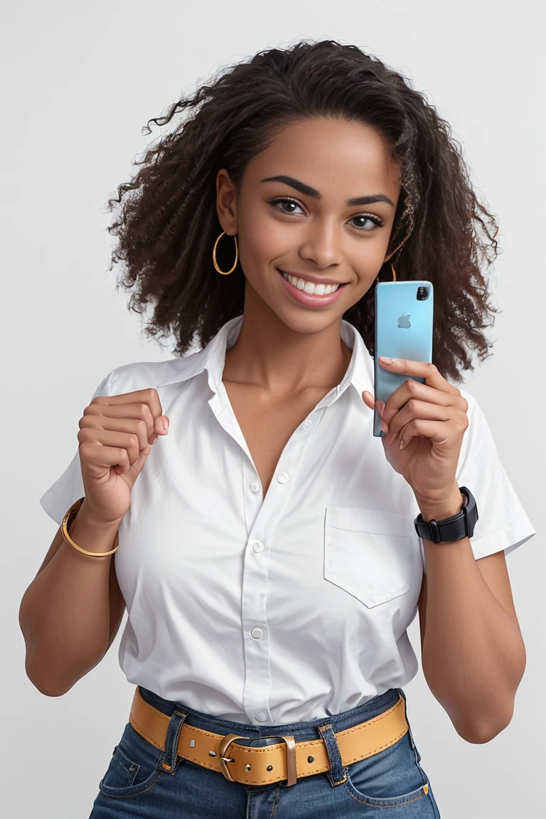 A cinematic portrait of a 25-year-old American girl, shot in mugshot style. with loose curly hair, with a yellow and orange gold strap blouse. White jeans, with a black belt, holding a "cell phone" in his right hand, his index finger casually pointing to his forehead as if highlighting his intelligence, a radiant smile spreading across his face, exuding confidence and joy, captured with focus sharp and shallow depth of field, accentuating her bright eyes and flawless skin, evoking a sense of playful intellectualism and carefree youth. tanned athletic body, with a white background. Very realistic image. A photorealistic portrait
