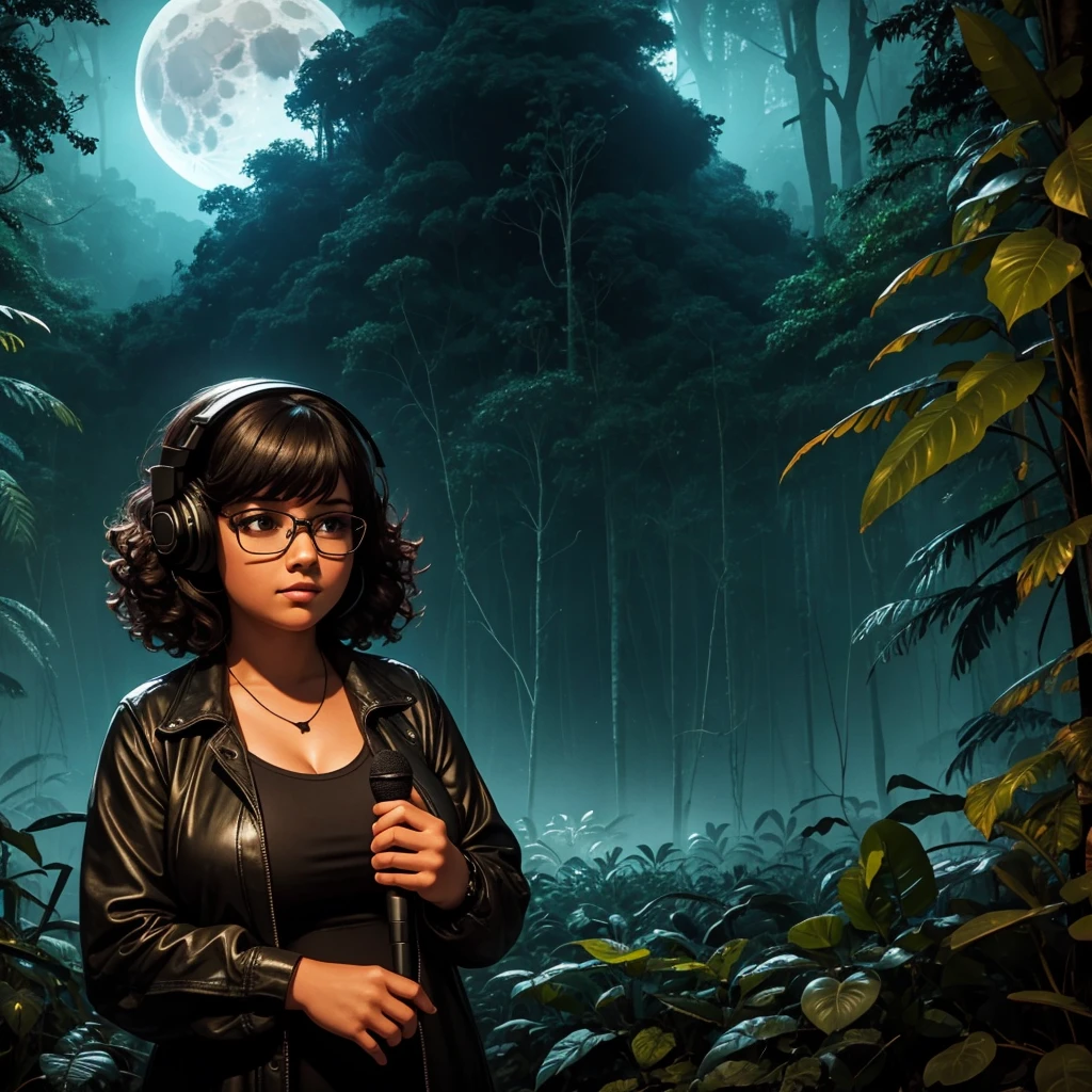 dark night at Amazon dense rainforest, podcast logotype, brunette, curly hair with bangs, young podcaster chubby woman wearing headphones with dark clothes, with dark heavy makeup, wearing glasses, podcast retro radio microphone, shadows in the background, Amazon Forest fauna, horror, mystical, 1990's art style, wide screen, high quality, moon behind, scary, horror, dark scenario