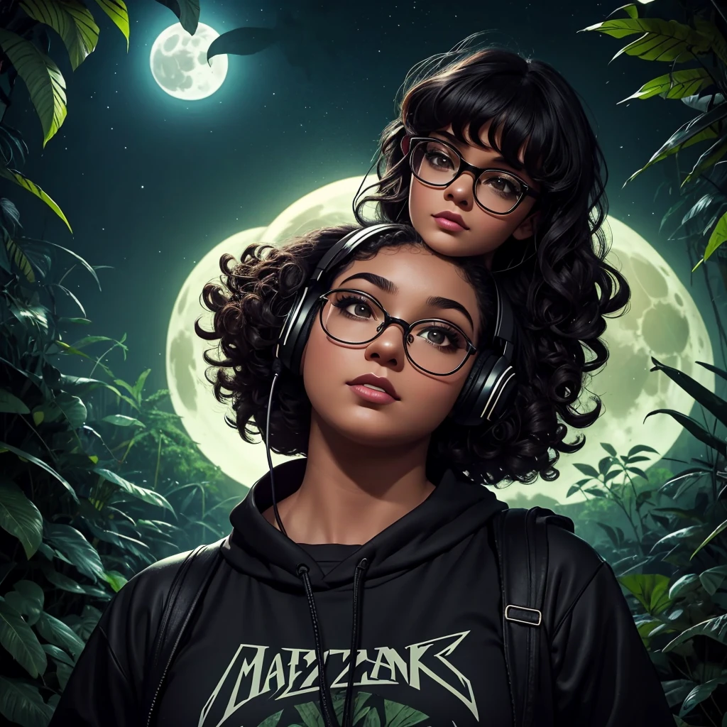 dark night at Amazon dense rainforest, podcast logotype, brunette, curly hair with bangs, young podcaster chubby woman wearing headphones with dark clothes, with dark heavy makeup, wearing glasses, podcast retro radio microphone, shadows in the background, Amazon Forest fauna, horror, mystical, 1990's art style, wide screen, high quality, moon behind, scary, horror, dark scenario