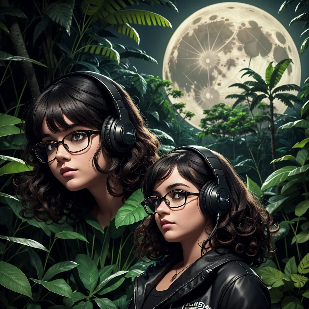 dark night at Amazon dense rainforest, podcast logotype, brunette, curly hair with bangs, young podcaster chubby woman wearing headphones with dark clothes, with dark heavy makeup, wearing glasses, podcast retro radio microphone, shadows in the background, Amazon Forest fauna, horror, mystical, 1990's art style, wide screen, high quality, moon behind, scary, horror, dark scenario