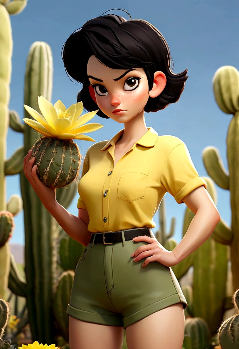 A white woman with short black hair in a yellow shirt with panties with a cactus in her hand and a beautiful garden and big blue sky