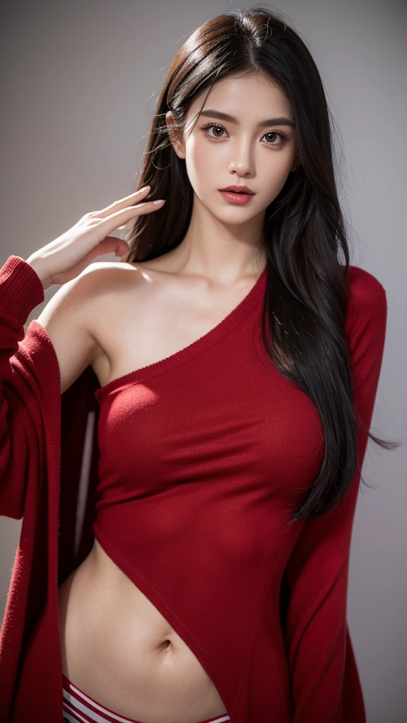 accessories，Gothic style，Quiet，Light makeup，Sexy，Peerless Beauty，Intellectual，clavicle，Neat long hair，Black Hair，Delicate face，Exquisite facial features，Sexy red striped sweater，，Navel，Navel，Stand Up Straight。