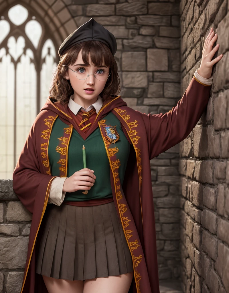 score_9, score_8_up, score_7_up, score_6_up, score_5_up, score_4_up, (8k, hd, best quality, highres), (extremely detailed), (ultra hyperrealistic photo: 1.2), ((Hogwarts wizard)), beautiful girl delicate features exuberantly youthful, messy short hair and thick bangs, large round glasses, ((wearing Hogwarts Gryffindor house student outfit)), (long open coat, hood, miniskirt, clothes in Gryffindor house colors, transparent white blouse with open neckline, thick wool high socks)), beautiful, charming, seductive, small spots of freckles, sweat on the skin, (open mouth, pink lipstick), (long muscular, sweaty thighs with delicate freckles on the thighs), hot, real skin with sweat, damp sweaty body, green eyes, (Hogwarts Castle: 1.3), on a dark staircase at night, dark staircase, without windows, gloomy, gloomy, leaning against the stone wall, arms up, hand above the head stretched body