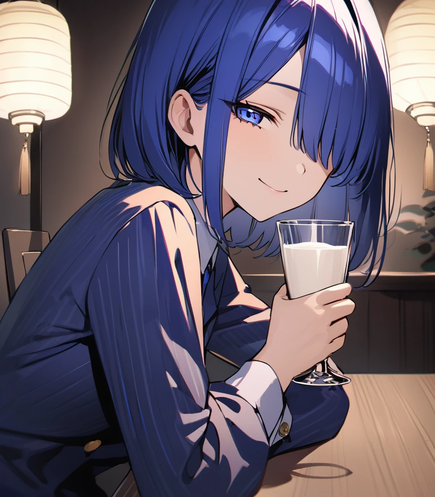 masterpiece,absurdres,8K,side view、solo girl、slender:1.1、shiny ultramarine hair、straight hair、short bobcut:1.1、hair covering one eye:1.1、small breast:0.8、ultramarine eyes、irisless eyes、Holding a glass of milk and toasting、Gentle smile、In a suit、closed mouth,Across the table in a modern living room、half-closed eyes,darkness,Lantern light、